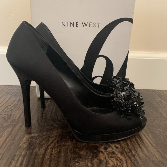 Nine West Peep Toe Sequin Satin Pumps - Picture 3 of 7